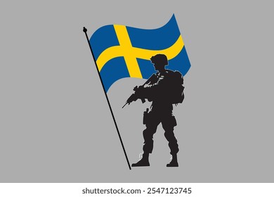 Schweden Soldat mit Flagge, Schweden Flagge Vektorgrafik, Schweden Landesflagge ist ein Symbol der Freiheit, Nationale Schweden Flagge, Vektorgrafik
