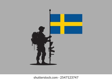 Schweden Soldat mit Flagge, Schweden Flagge Vektorgrafik, Schweden Landesflagge ist ein Symbol der Freiheit, Nationale Schweden Flagge, Vektorgrafik
