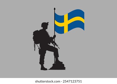 Schweden Soldat mit Flagge, Schweden Flagge Vektorgrafik, Schweden Landesflagge ist ein Symbol der Freiheit, Nationale Schweden Flagge, Vektorgrafik
