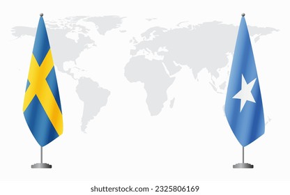 Sweden and Somalia flags for official meeting against background of world map.