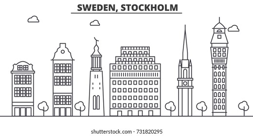 Sweden, Stockholm architecture line skyline illustration. Linear vector cityscape with famous landmarks, city sights, design icons. Landscape with editable strokes