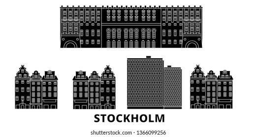 Sweden, Stockholm City flat travel skyline set. Sweden, Stockholm City black city vector panorama, illustration, travel sights, landmarks, streets.