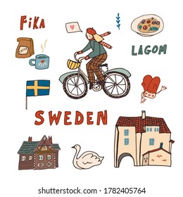 Sweden Stockholm hand drawn doodle vector illustrations set