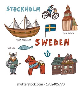 Sweden Stockholm hand drawn doodle vector illustrations set