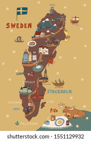 Sweden Stockholm Skandinavia object landmark vector doodle map illustrations set