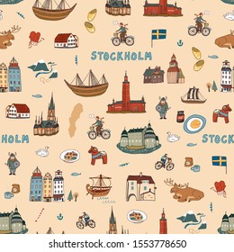 Sweden Stockholm Skandinavia object landmark vector doodle seamless pattern