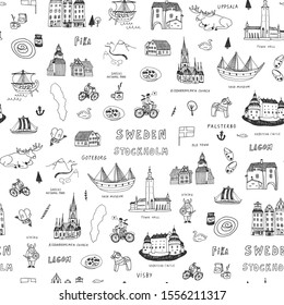 Sweden Stockholm Skandinavia object landmark vector doodle line seamless pattern