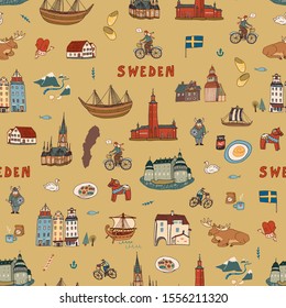 Sweden Stockholm Skandinavia object landmark vector doodle seamless pattern