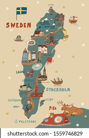 Sweden Stockholm Skandinavia object landmark doodle map illustrations set