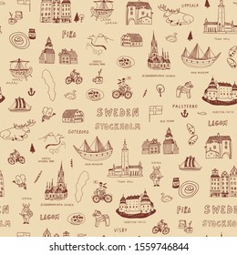 Sweden Stockholm Skandinavia object landmark vector doodle seamless pattern