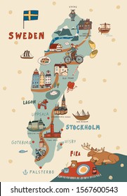 Sweden Stockholm Skandinavia object landmark vector doodle map illustrations set