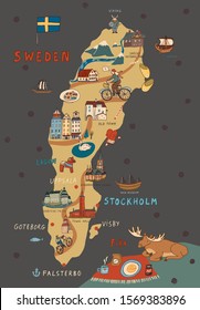 Sweden Stockholm Skandinavia object landmark vector doodle map illustrations set