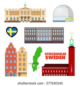 Sweden Stockholm Travel Set with Architecture and Flag. Vector Doodle