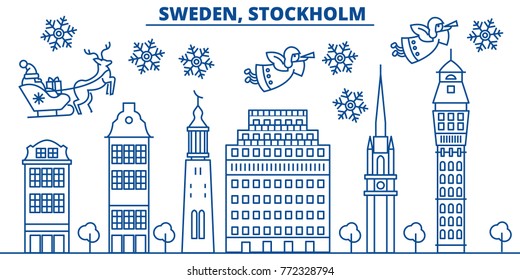 Sweden, Stockholm winter city skyline. Merry Christmas, Happy New Year decorated banner with Santa Claus.Winter greeting line card.Flat, outline vector.Linear christmas snow illustration