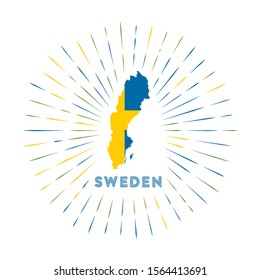 Sweden sunburst badge. The country sign with map of Sweden with Swedish flag. Colorful rays around the logo. Vector illustration.