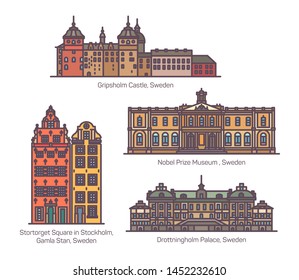 Sweden or Swedish famous architecture landmarks. Drottningholm palace and Noble prize museum, Gripsholm castle and Stockholm Stortorget square, Gamla Stan. Tourism and sightseeing europe places