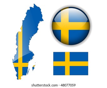 Sweden, Swedish flag, map and glossy button, vector illustration set.