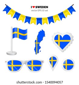 Sweden symbols attributes. Heart, flags, glasses, buttons and garlands with civil and state Sweden colors. Vector illustration for your graphic design.