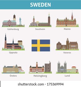 Sweden. Symbols of cities. Vector set