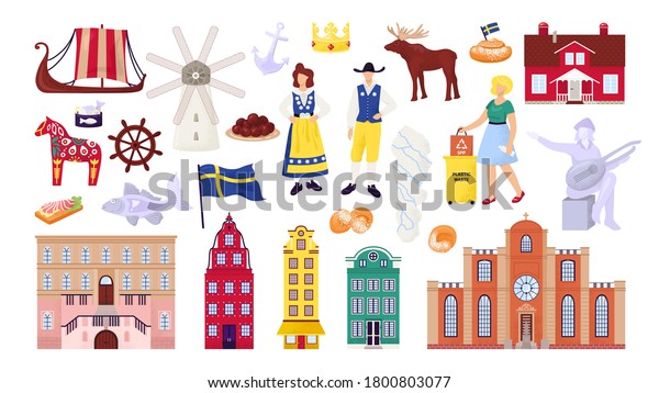Sweden symbols set with Stockholm city\
buildings, sightseeings and landmarks, swedes people vector\
illustrations. Scandinavian culture, nordic ship, map and flag,\
travel souvenirs.