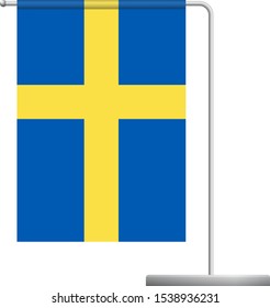 Sweden table flag. Metal flagpole. National flag of Sweden vector illustration