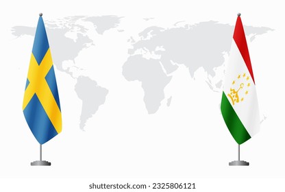 Sweden and Tajikistan flags for official meeting against background of world map.