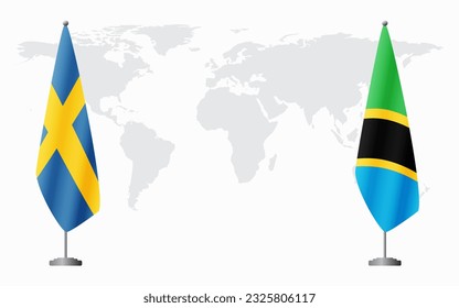 Sweden and Tanzania flags for official meeting against background of world map.