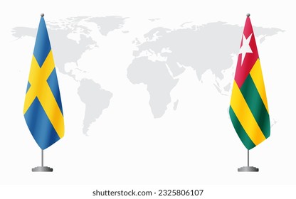 Sweden and Togo flags for official meeting against background of world map.