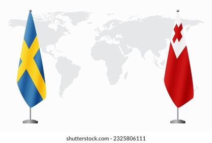 Sweden and Tonga flags for official meeting against background of world map.