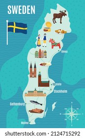 Schwedische Touristenkarte mit Wahrzeichen und Flaggenzeichen, flache Vektorgrafik