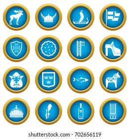 Sweden travel icons blue circle set isolated on white for digital marketing
