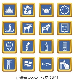 Sweden travel icons set in blue color isolated vector illustration for web and any design