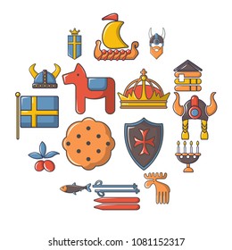 Sweden travel icons set. Cartoon illustration of 16 sweden travel vector icons for web