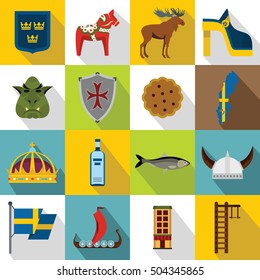 Sweden travel icons set. Flat illustration of 16 sweden travel vector icons for web