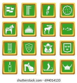 Sweden travel icons set in green color isolated vector illustration for web and any design