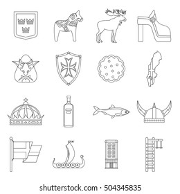 Sweden travel icons set. Outline illustration of 16 sweden travel vector icons for web