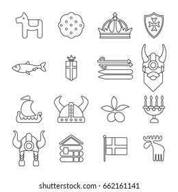 Sweden travel icons set. Outline illustration of 16 sweden travel vector icons for web