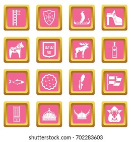 Sweden travel icons set in pink color isolated vector illustration for web and any design