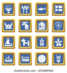 Sweden travel icons set vector blue square isolated on white background 