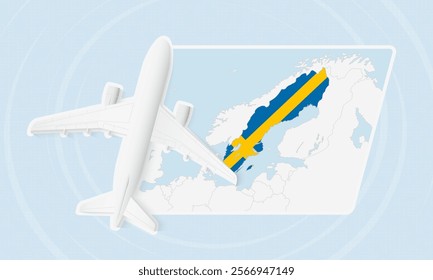 Sweden Travel Illustration with Plane and National Flag. Ideal for travel agencies, promotional materials, or geographic content related to Sweden.