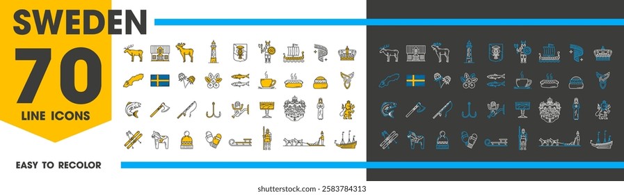 Sweden travel and landmark vector line icons of swedish flag, map and three crowns. Scandinavian viking, ship, axe and boat outline symbols. Nordic food, moose, fish, dala horse and dog sledding