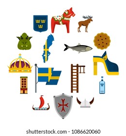 Sweden travel set icons in flat style isolated on white background