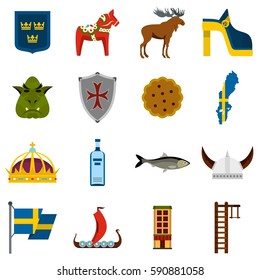 Sweden travel set icons in flat style isolated on white background