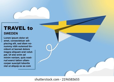 Sweden travel vector banner with paper flag and text space, Sweden country flag on paper plane, holiday and vacation concept, summer travel template and pattern, flight ticket idea