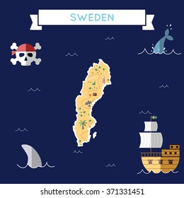 Sweden treasure map in flat design. Colorful cartoon treasure map of Sweden with flat design icons of pirate ship and jolly roger. Sweden flat design vector illustration.