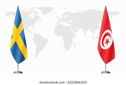 Sweden and Tunisia flags for official meeting against background of world map.