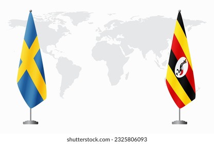 Sweden and Uganda flags for official meeting against background of world map.
