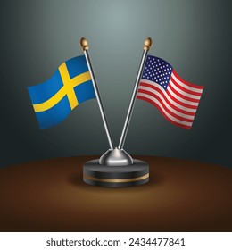 Banderas de mesa de Suecia y Estados Unidos con fondo degradado. Ilustración vectorial