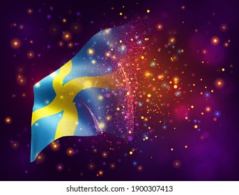 Suecia, bandera vectorial 3d sobre fondo púrpura rosa con iluminación y bengalas