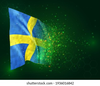 Sweden, vector 3d flag on green background with polygons and data numbers